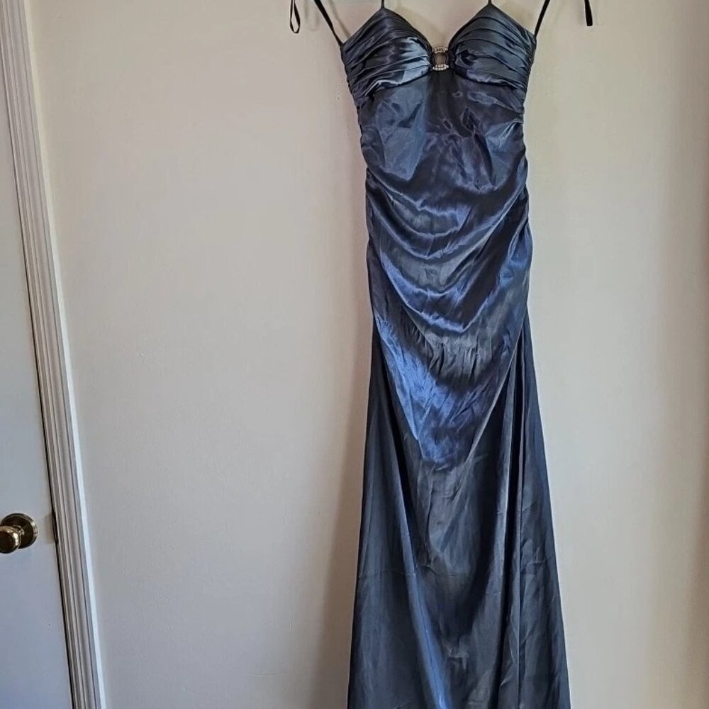 Blondie Nites Satin Gray Key Hole Tie Back Dress With Cut-Out Backing-Size: 1